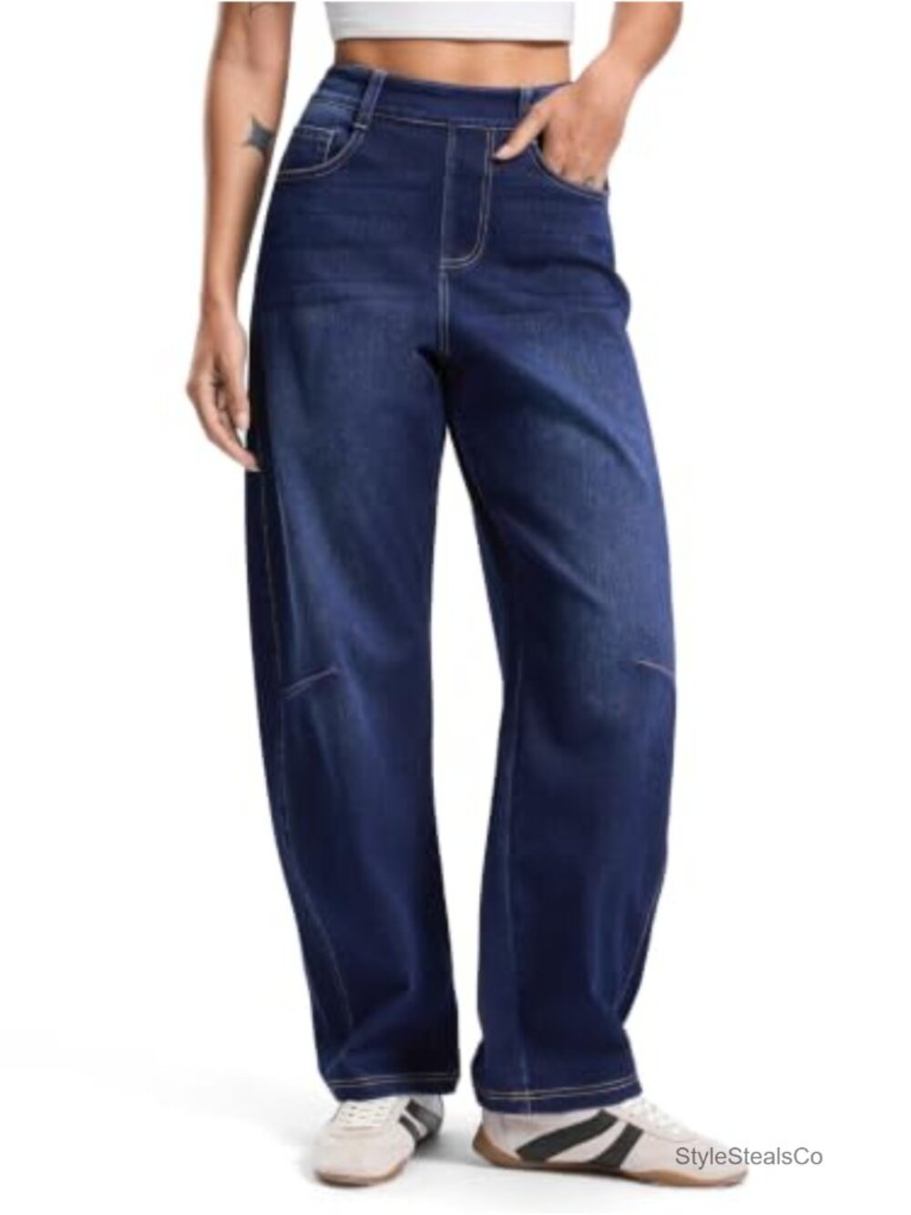 Women's High Rise Barrel Jeans Stretch Pull On Denim Pants